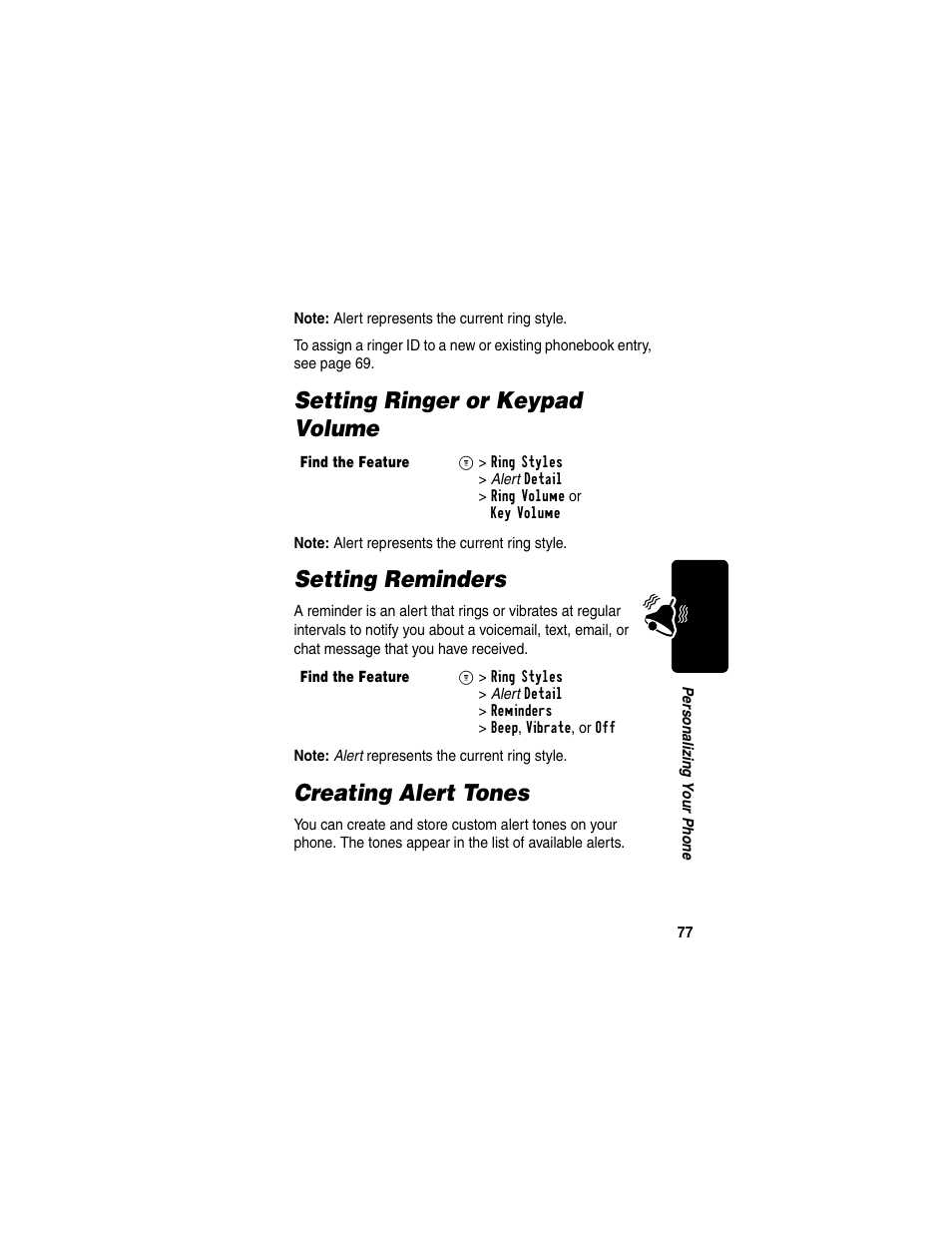 Setting ringer or keypad volume, Setting reminders, Creating alert tones | Motorola C330 User Manual | Page 79 / 166