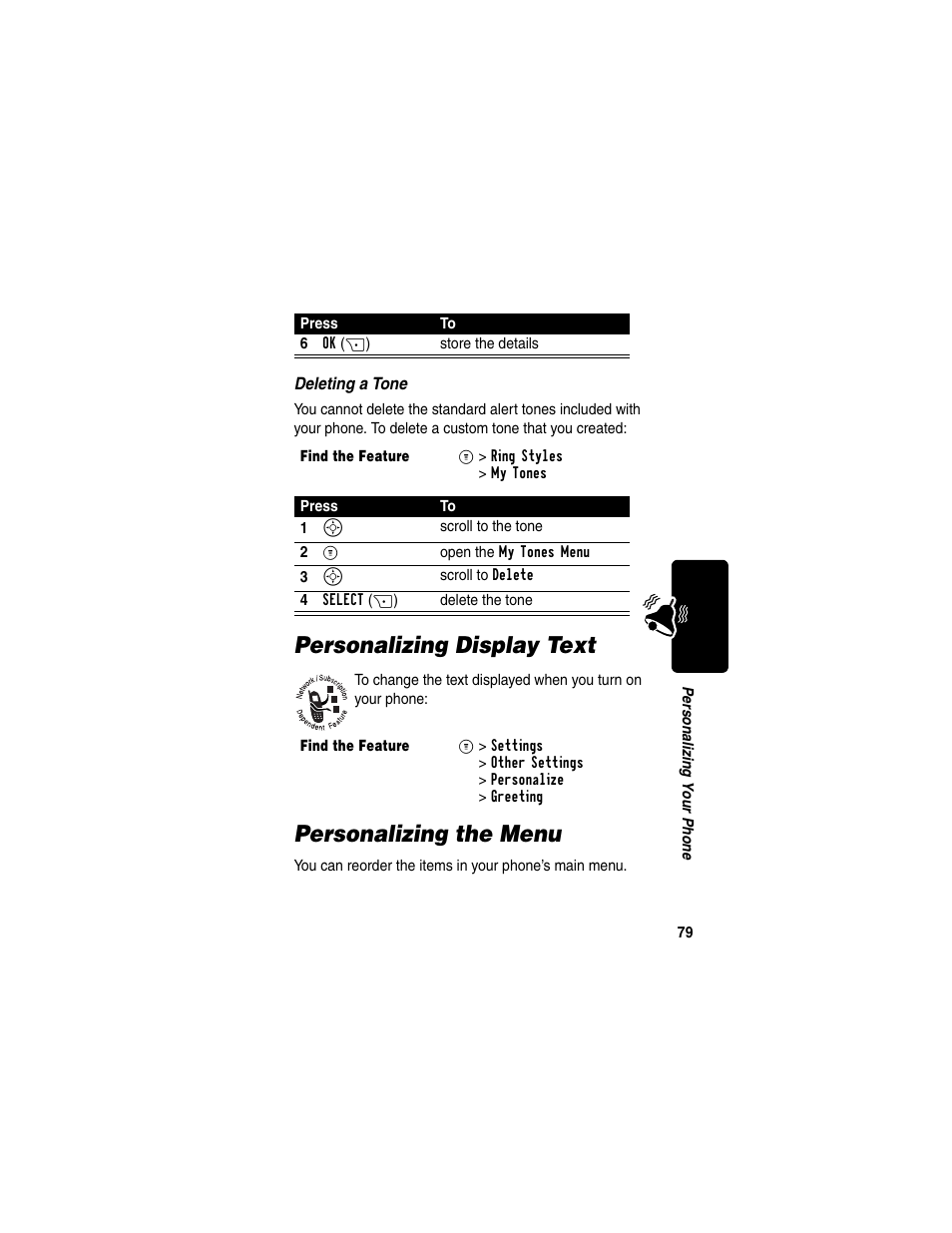 Personalizing display text, Personalizing the menu, Personalizing display text personalizing the menu | Motorola C330 User Manual | Page 81 / 166
