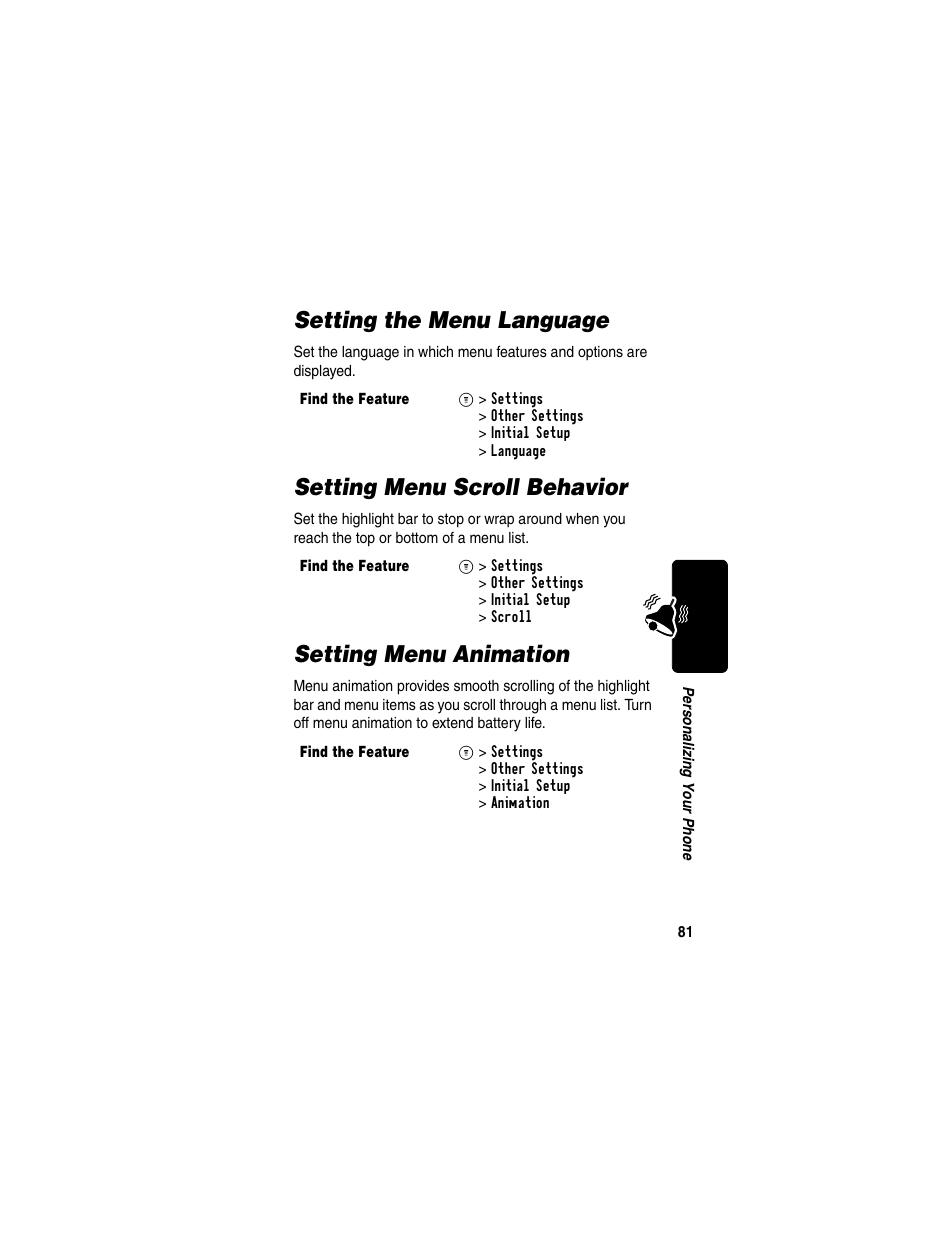 Setting the menu language, Setting menu scroll behavior, Setting menu animation | Motorola C330 User Manual | Page 83 / 166