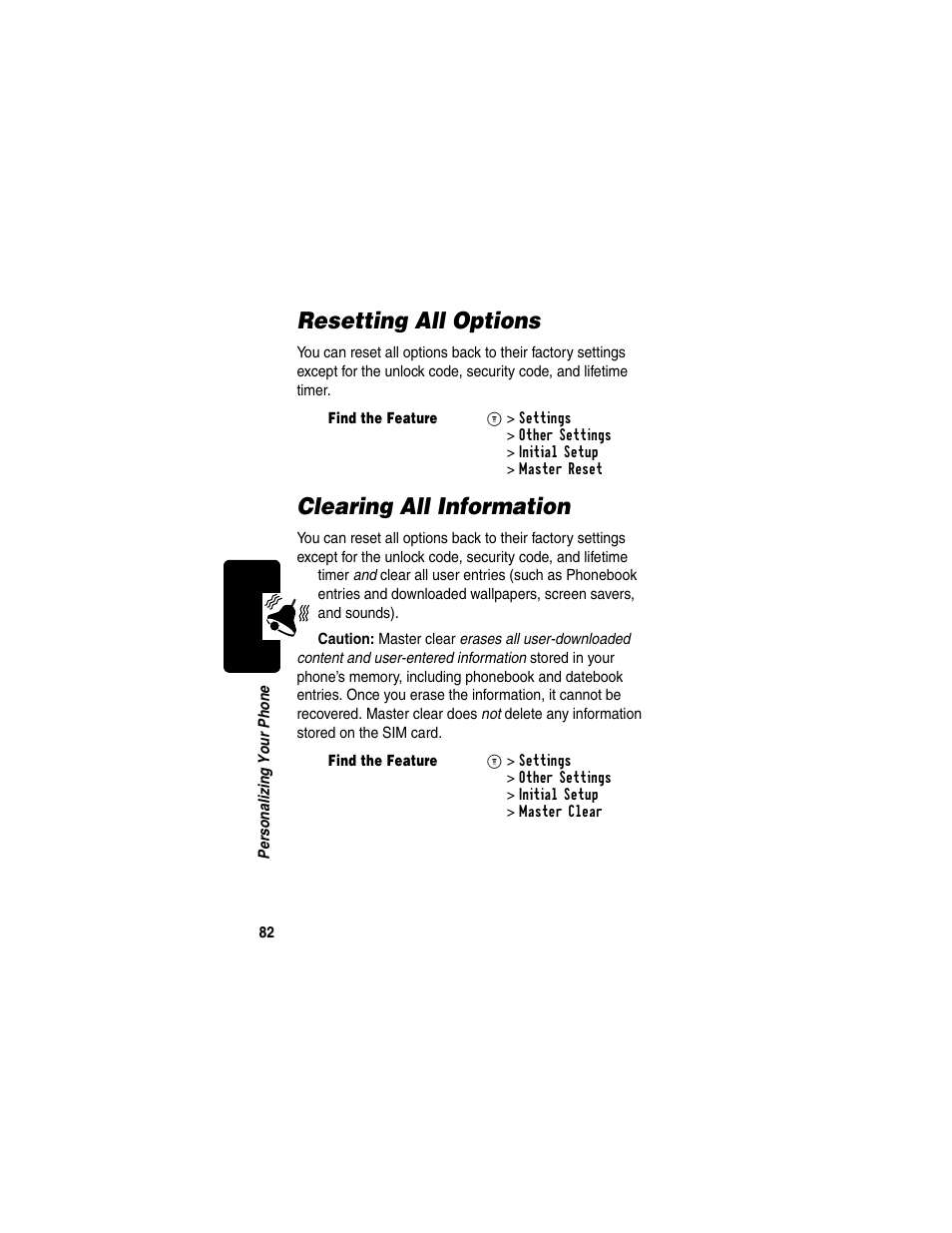 Resetting all options, Clearing all information, Resetting all options clearing all information | Motorola C330 User Manual | Page 84 / 166