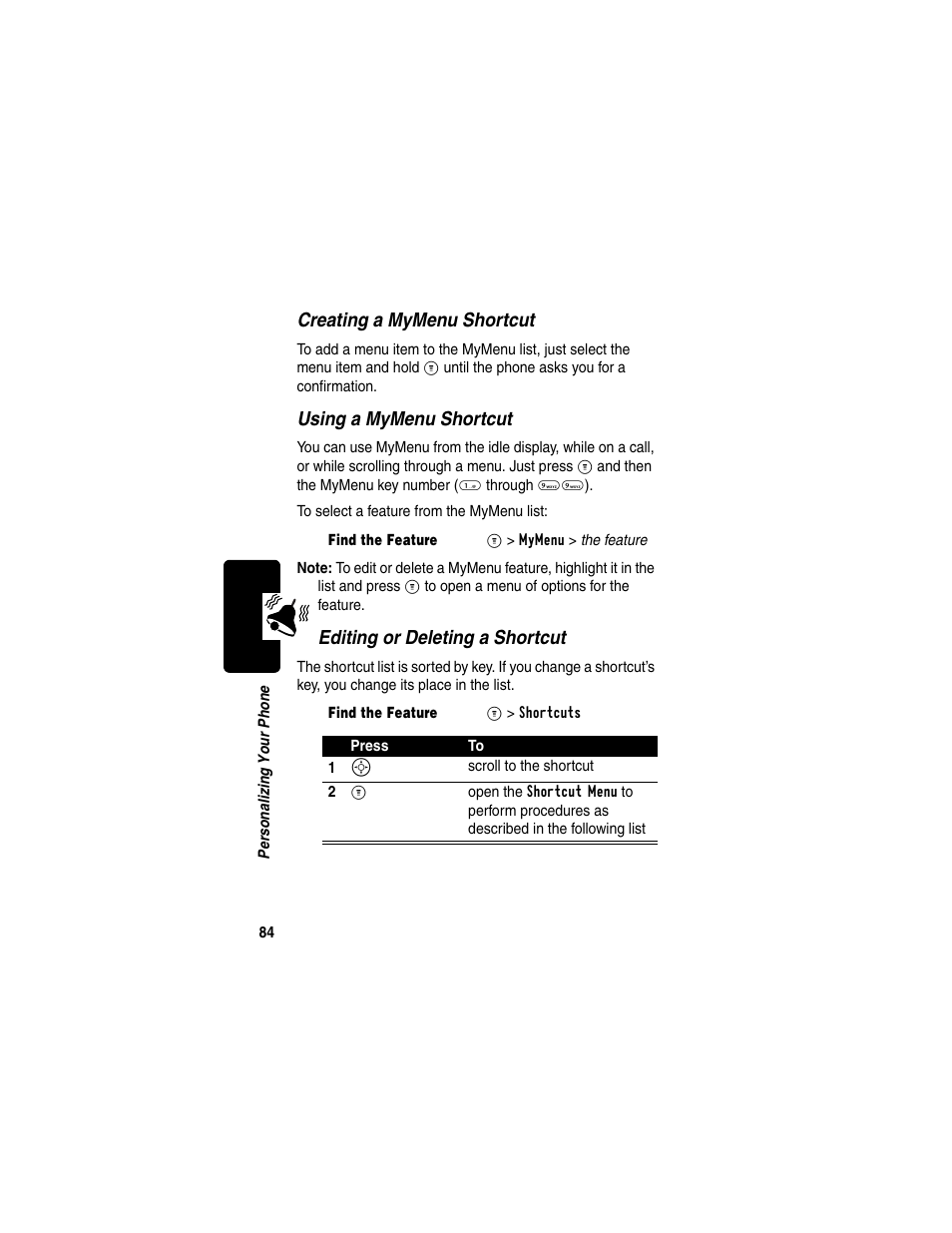 Creating a mymenu shortcut, Using a mymenu shortcut, Editing or deleting a shortcut | Motorola C330 User Manual | Page 86 / 166