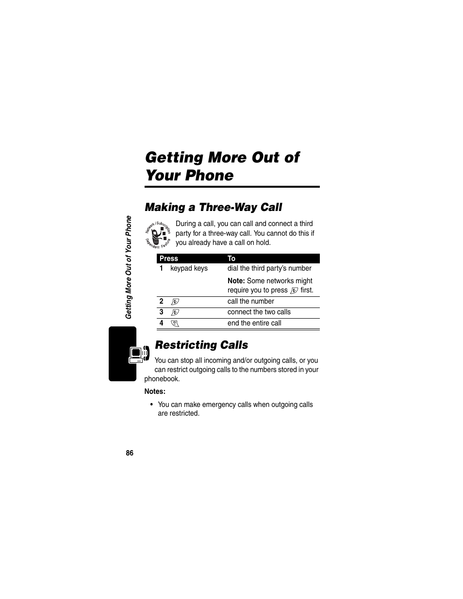 Getting more out of your phone, Making a three-way call, Restricting calls | Making a three-way call restricting calls | Motorola C330 User Manual | Page 88 / 166