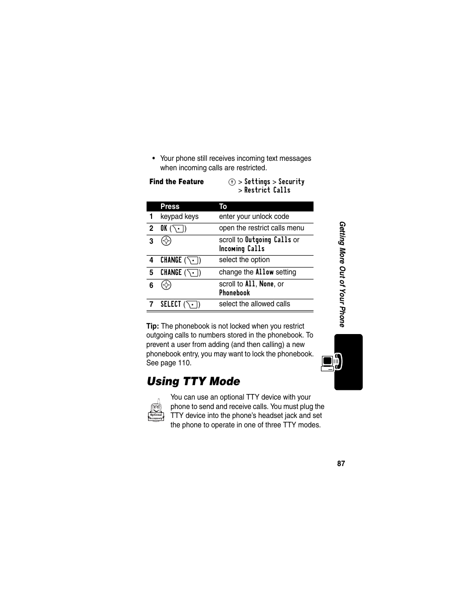 Using tty mode | Motorola C330 User Manual | Page 89 / 166