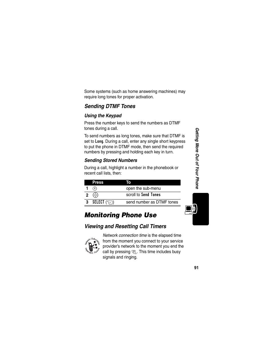 Monitoring phone use, Sending dtmf tones, Viewing and resetting call timers | Motorola C330 User Manual | Page 93 / 166