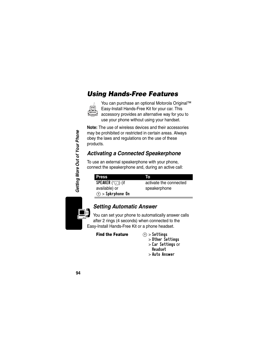 Using hands-free features, Activating a connected speakerphone, Setting automatic answer | Motorola C330 User Manual | Page 96 / 166
