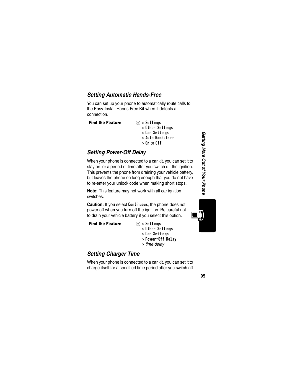 Setting automatic hands-free, Setting power-off delay, Setting charger time | Motorola C330 User Manual | Page 97 / 166