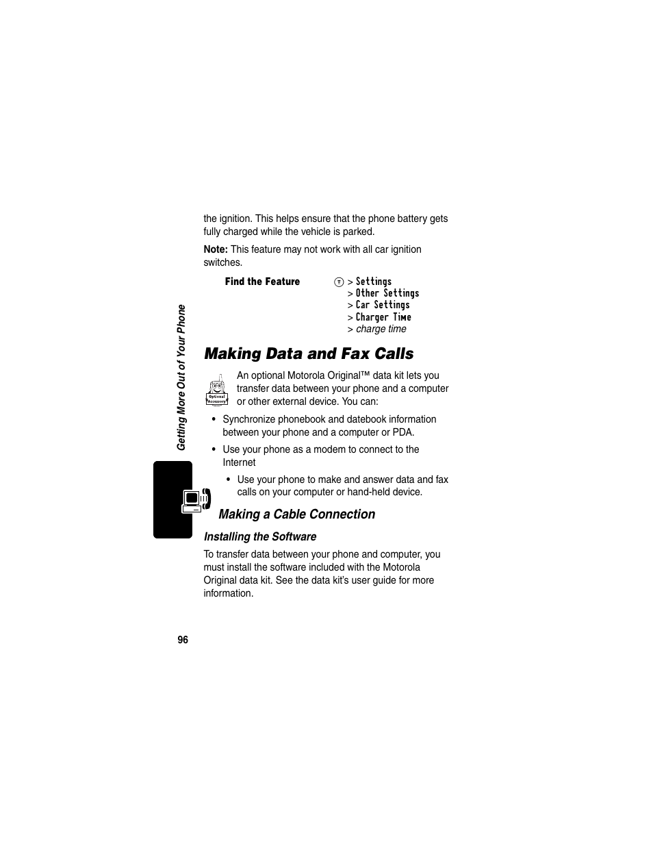 Making data and fax calls, Making a cable connection | Motorola C330 User Manual | Page 98 / 166