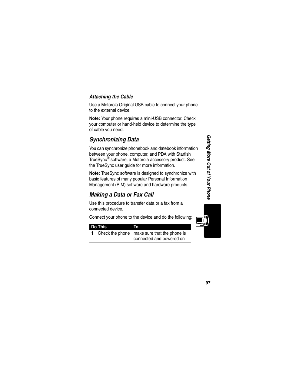 Synchronizing data, Making a data or fax call | Motorola C330 User Manual | Page 99 / 166