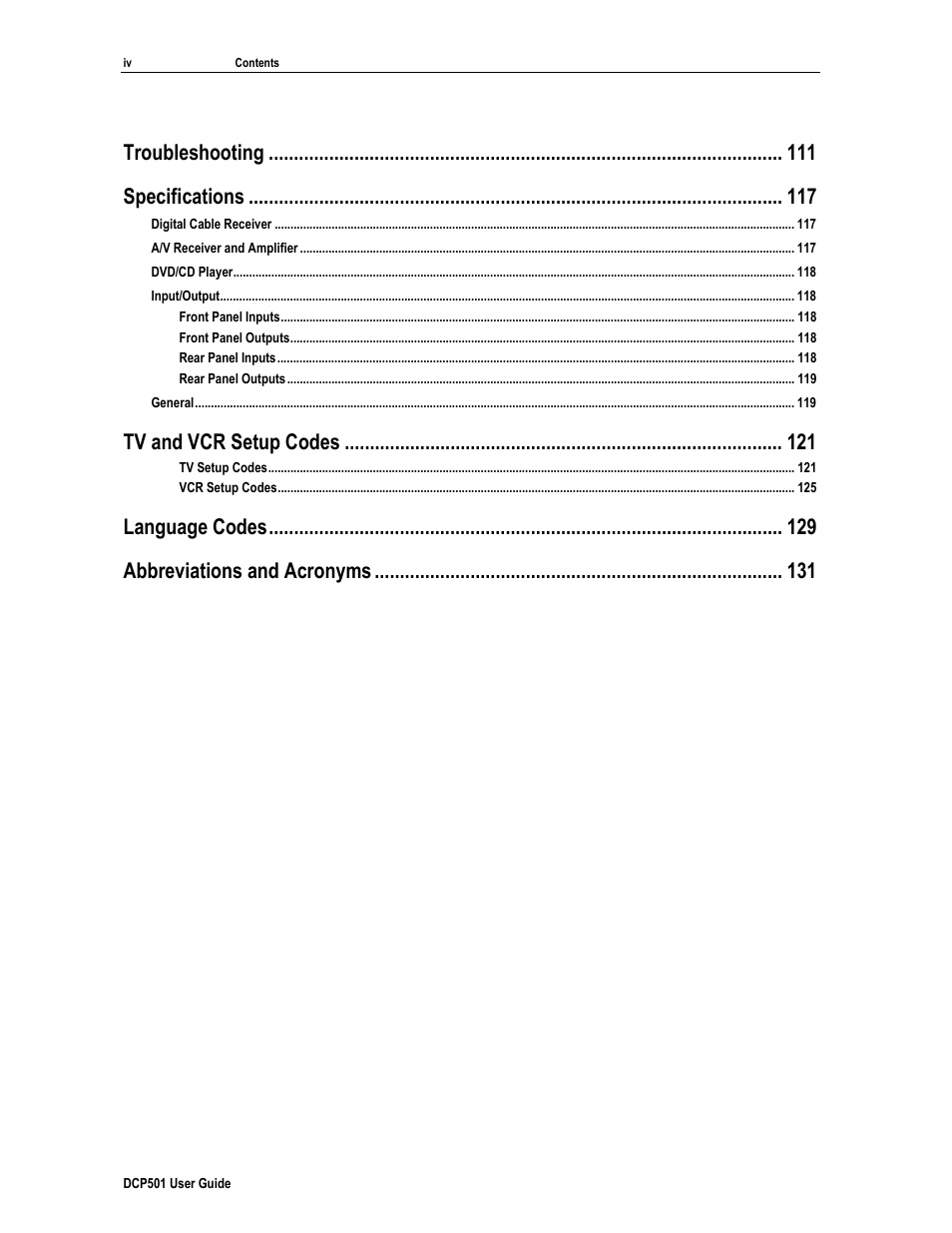 Troubleshooting, Specifications, Tv and vcr setup codes | Language codes, Abbreviations and acronyms | Motorola DCP 501 User Manual | Page 10 / 141