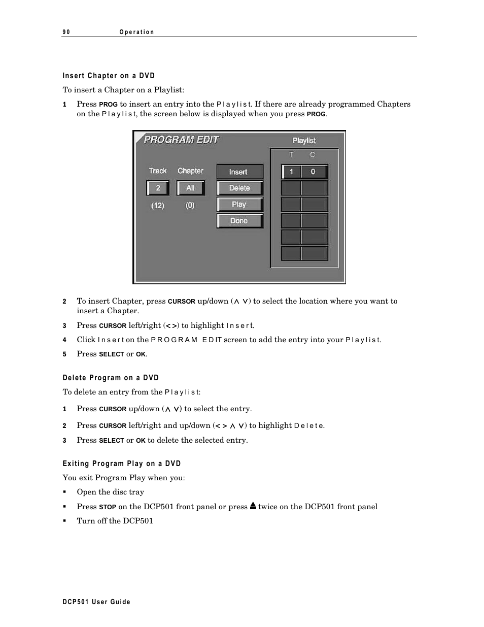 Insert chapter on a dvd, Delete program on a dvd, Exiting program play on a dvd | Motorola DCP 501 User Manual | Page 100 / 141