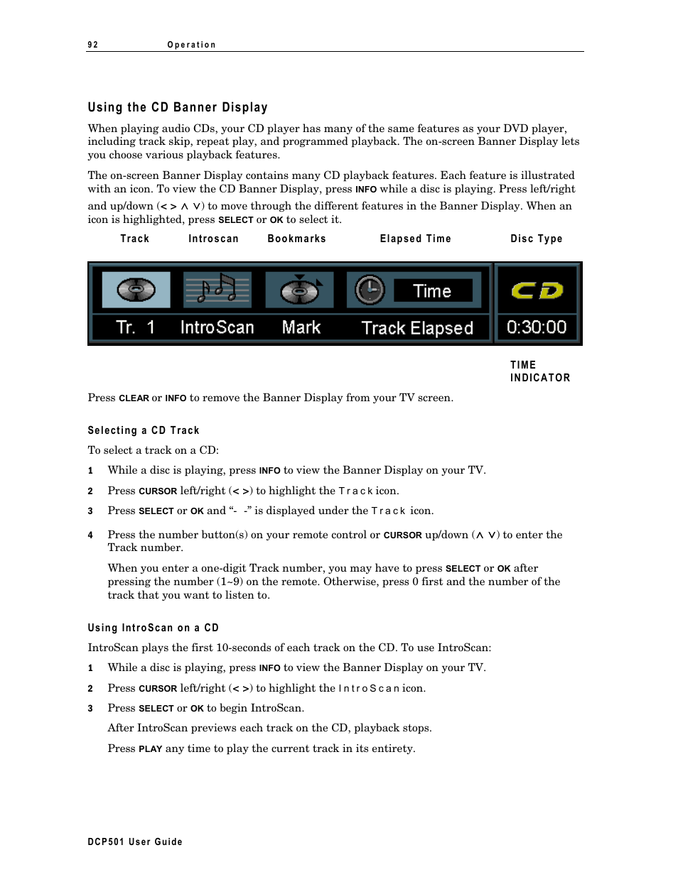 Using the cd banner display, Selecting a cd track, Using introscan on a cd | Motorola DCP 501 User Manual | Page 102 / 141