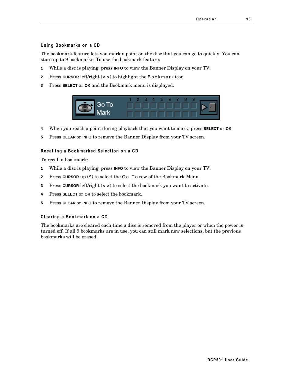 Using bookmarks on a cd, Recalling a bookmarked selection on a cd, Clearing a bookmark on a cd | Motorola DCP 501 User Manual | Page 103 / 141