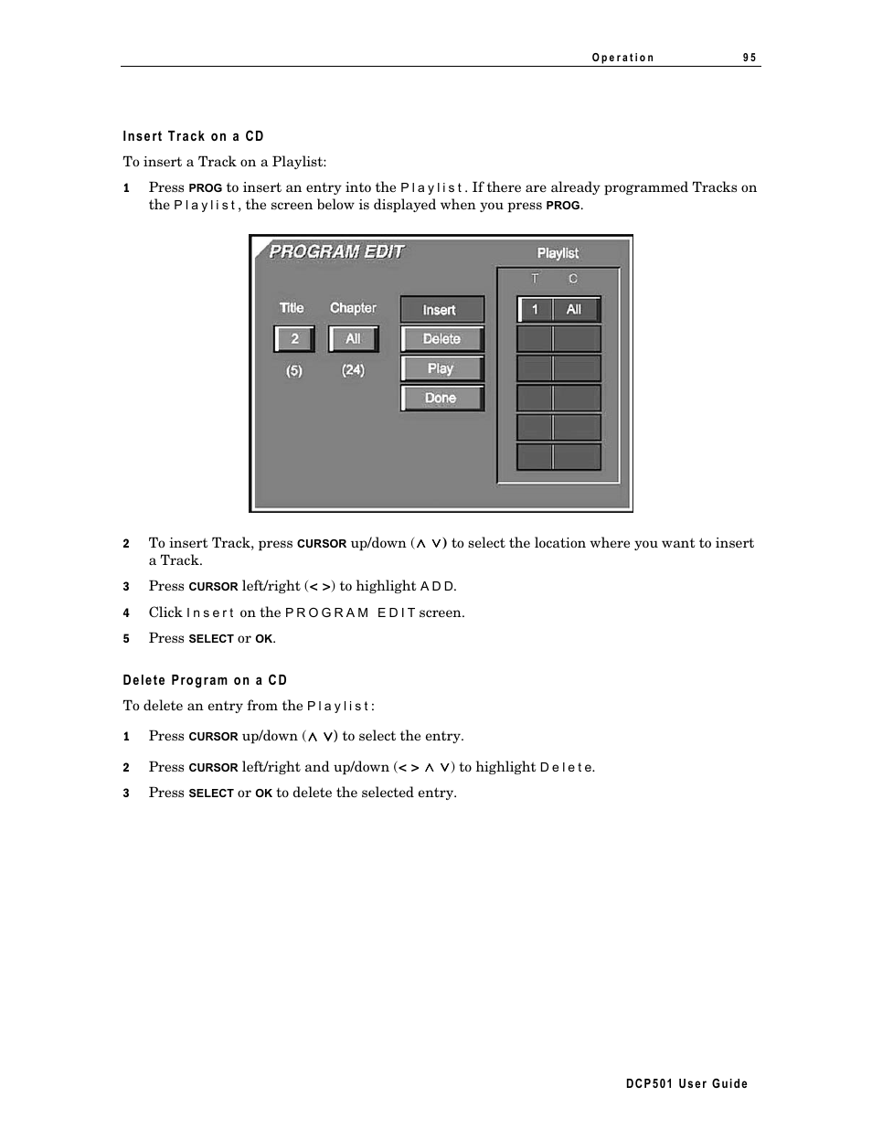 Insert track on a cd, Delete program on a cd, Exiting program play on a cd | Motorola DCP 501 User Manual | Page 105 / 141