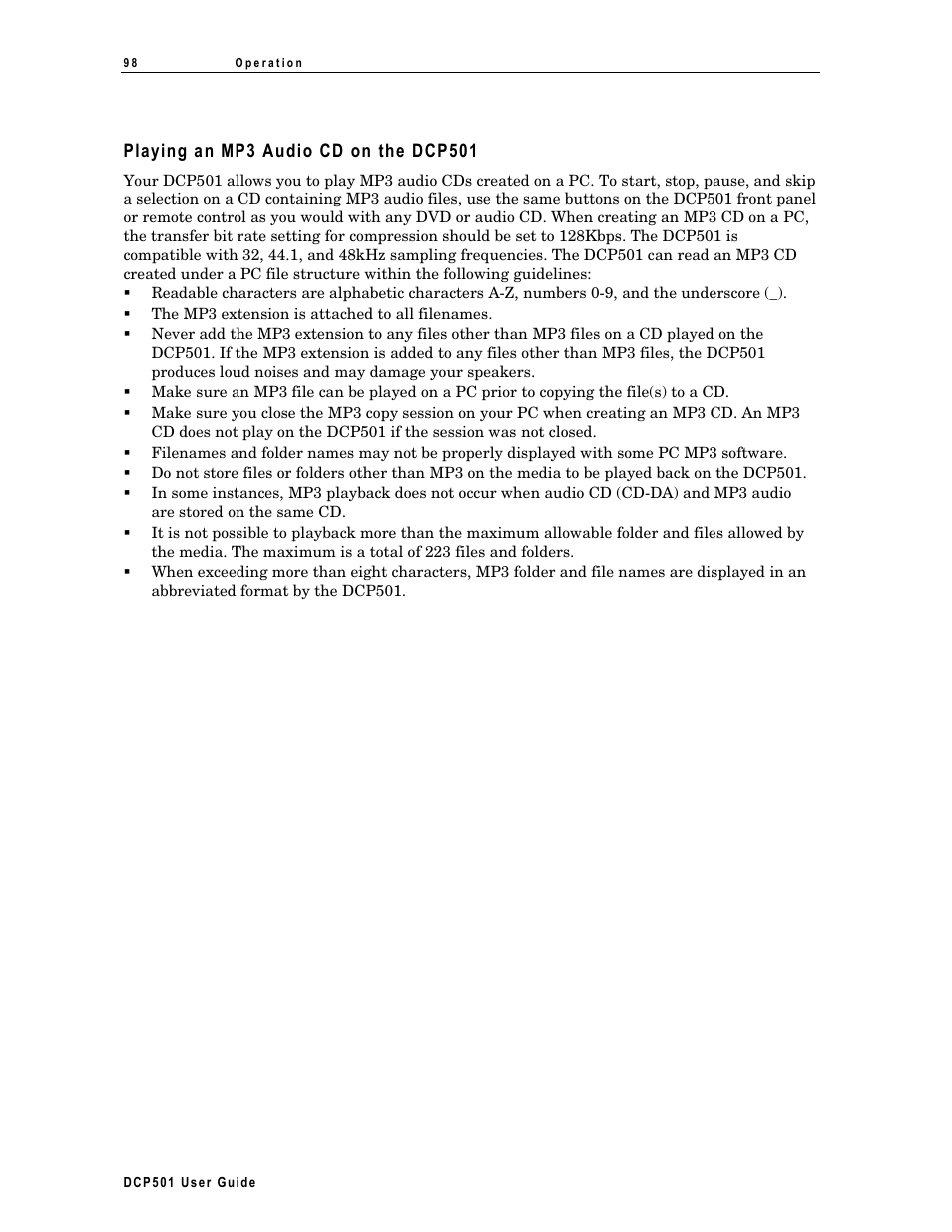 On˚screen display when playing an mp3 cd, Programming selections from an mp3 cd | Motorola DCP 501 User Manual | Page 108 / 141