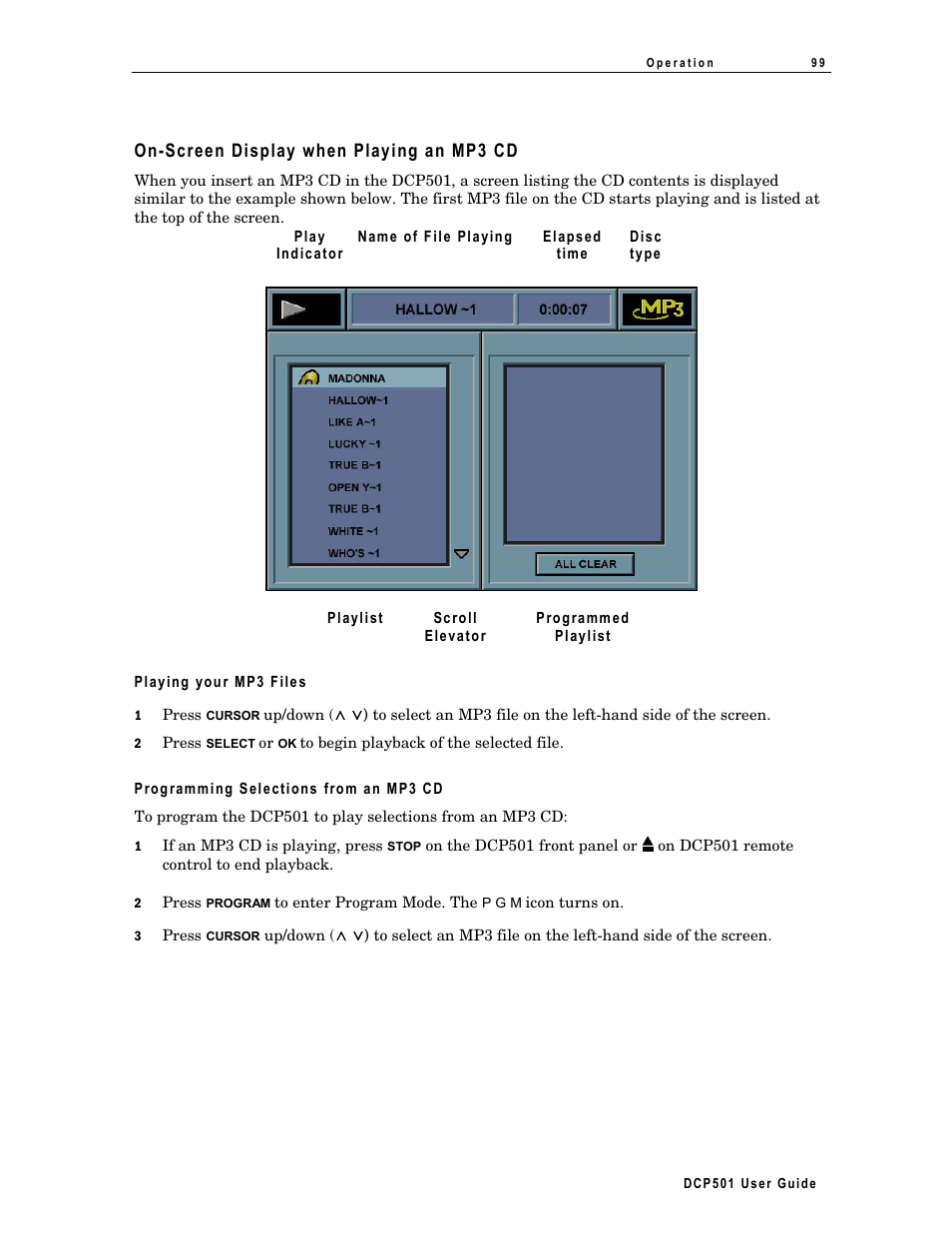 Deleting selections from an mp3 cd, Selecting specific folder and files for playback, On-screen display when playing an mp3 cd | Motorola DCP 501 User Manual | Page 109 / 141