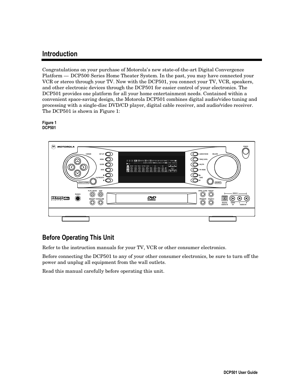 Introduction, Before operating this unit, Dcp501 user guide | Figure 1 dcp501 | Motorola DCP 501 User Manual | Page 11 / 141