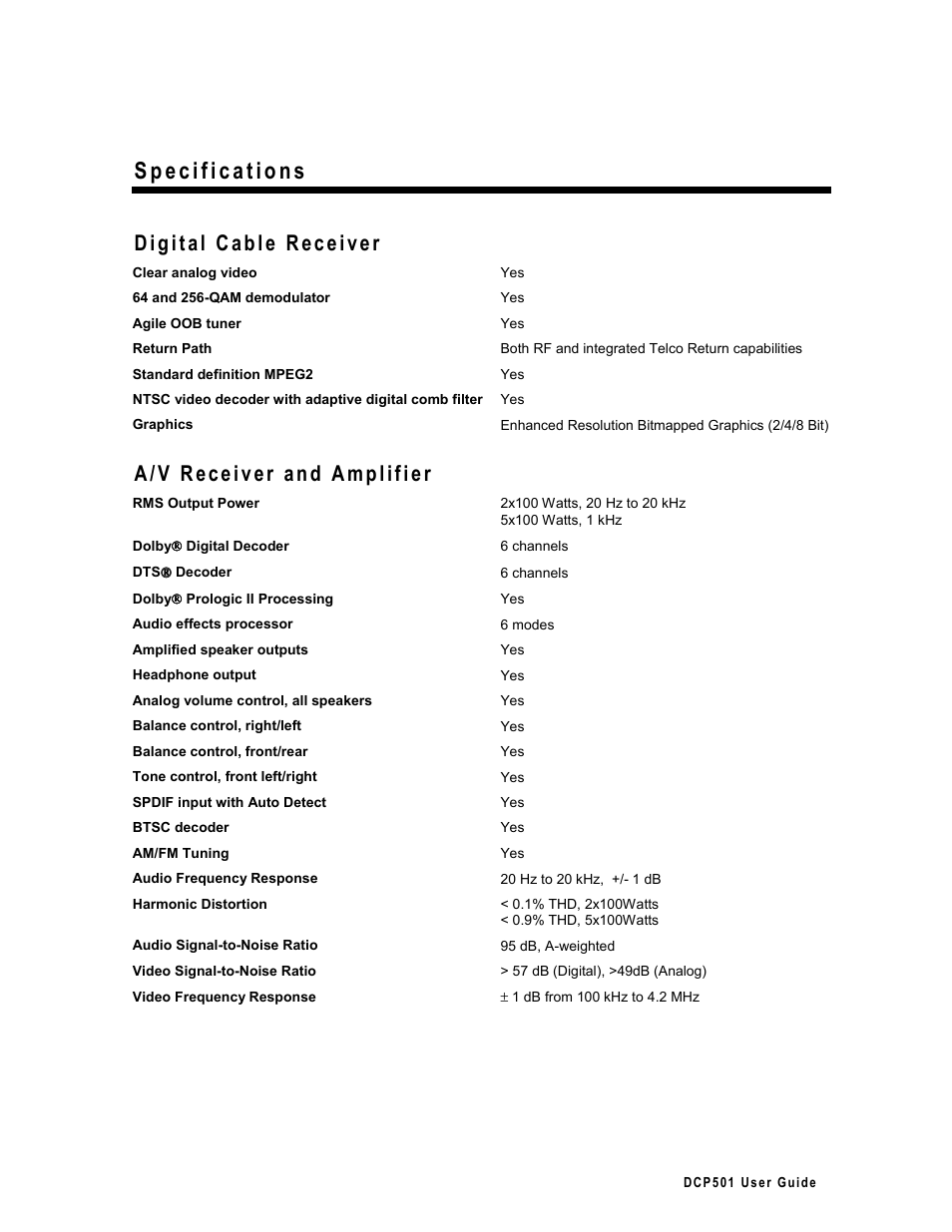 Specifications, Digital cable receiver, A/v receiver and amplifier | Motorola DCP 501 User Manual | Page 125 / 141