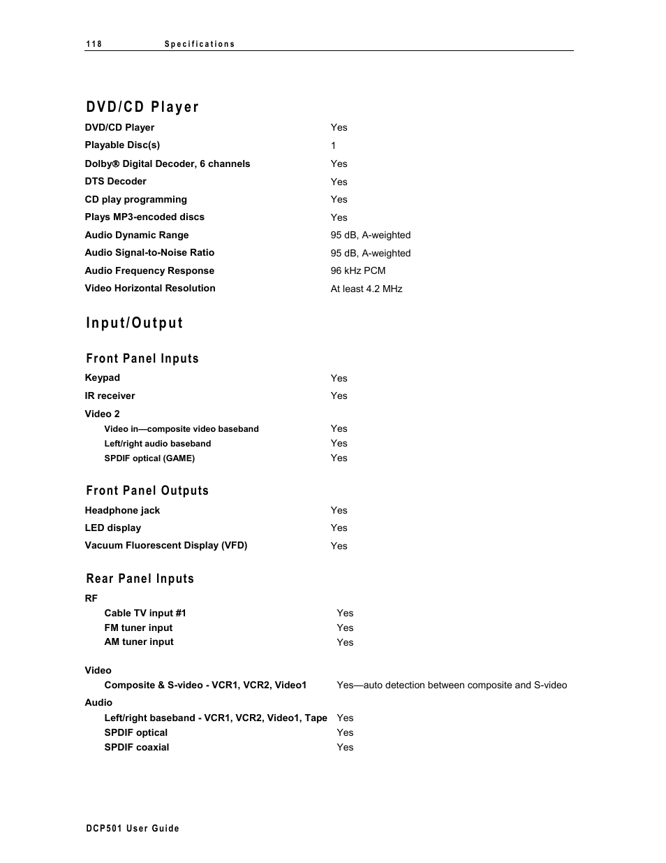 Dvd/cd player, Input/output, Front panel inputs | Front panel outputs, Rear panel inputs | Motorola DCP 501 User Manual | Page 126 / 141