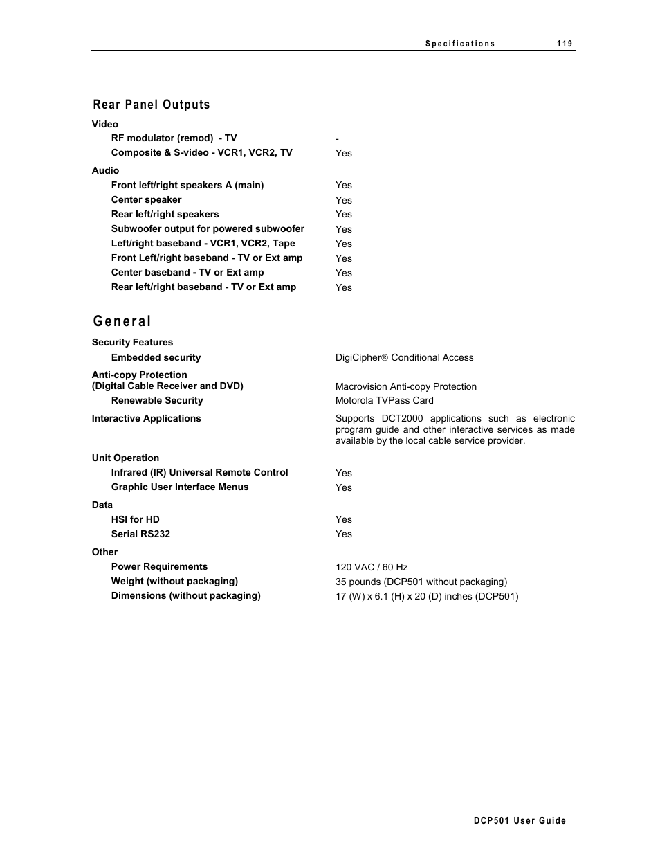 Rear panel outputs, General | Motorola DCP 501 User Manual | Page 127 / 141