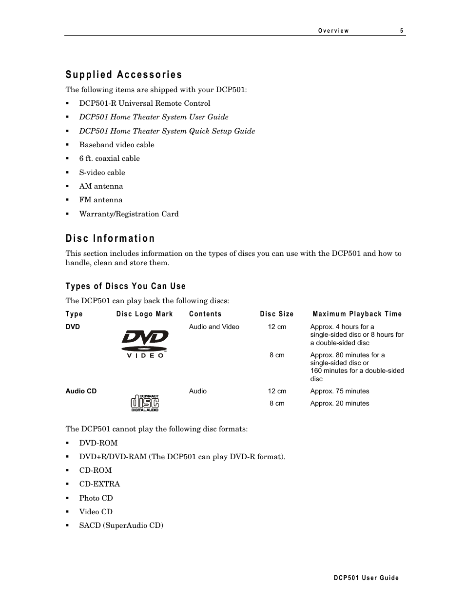 Supplied accessories, Disc information, Types of discs you can use | Motorola DCP 501 User Manual | Page 15 / 141