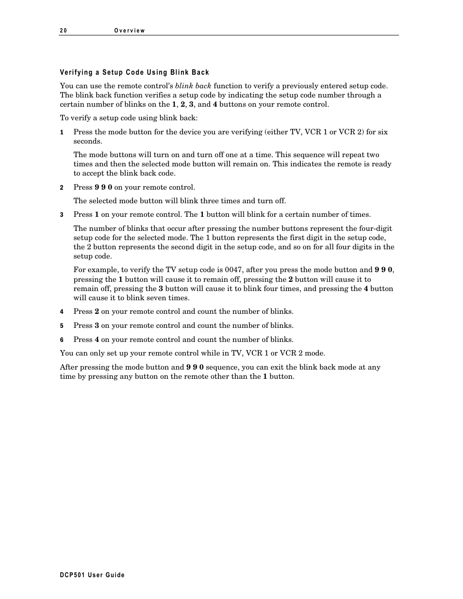 Verifying a setup code using blink back | Motorola DCP 501 User Manual | Page 30 / 141