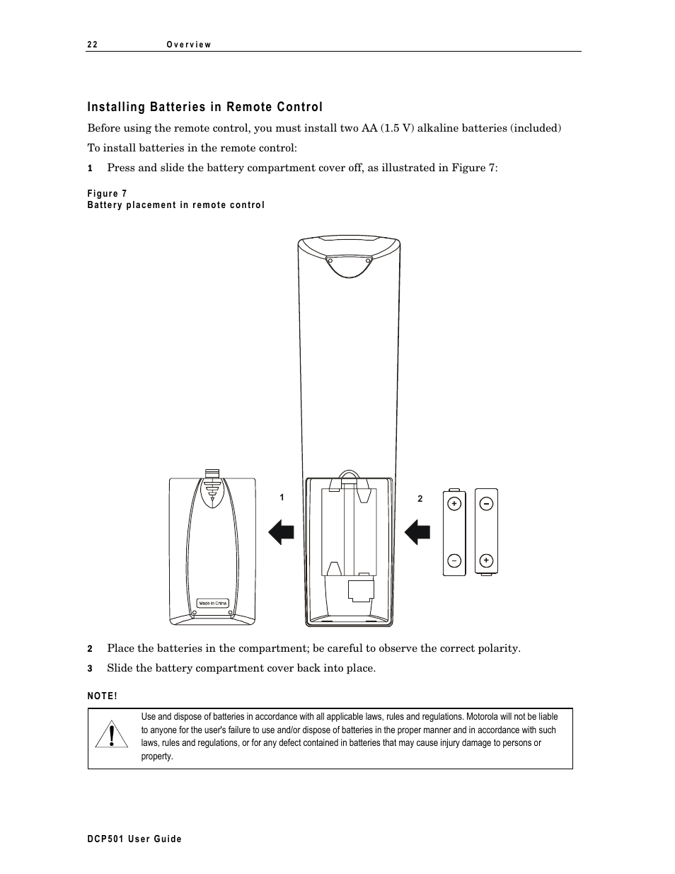 Installing batteries in remote control | Motorola DCP 501 User Manual | Page 32 / 141