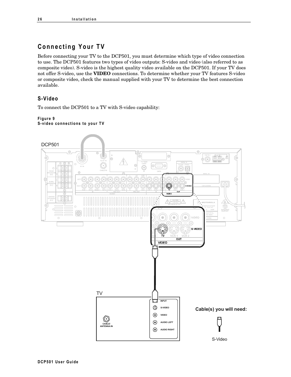 Connecting your tv, S˚video, S-video | Dcp501 cable(s) you will need | Motorola DCP 501 User Manual | Page 36 / 141