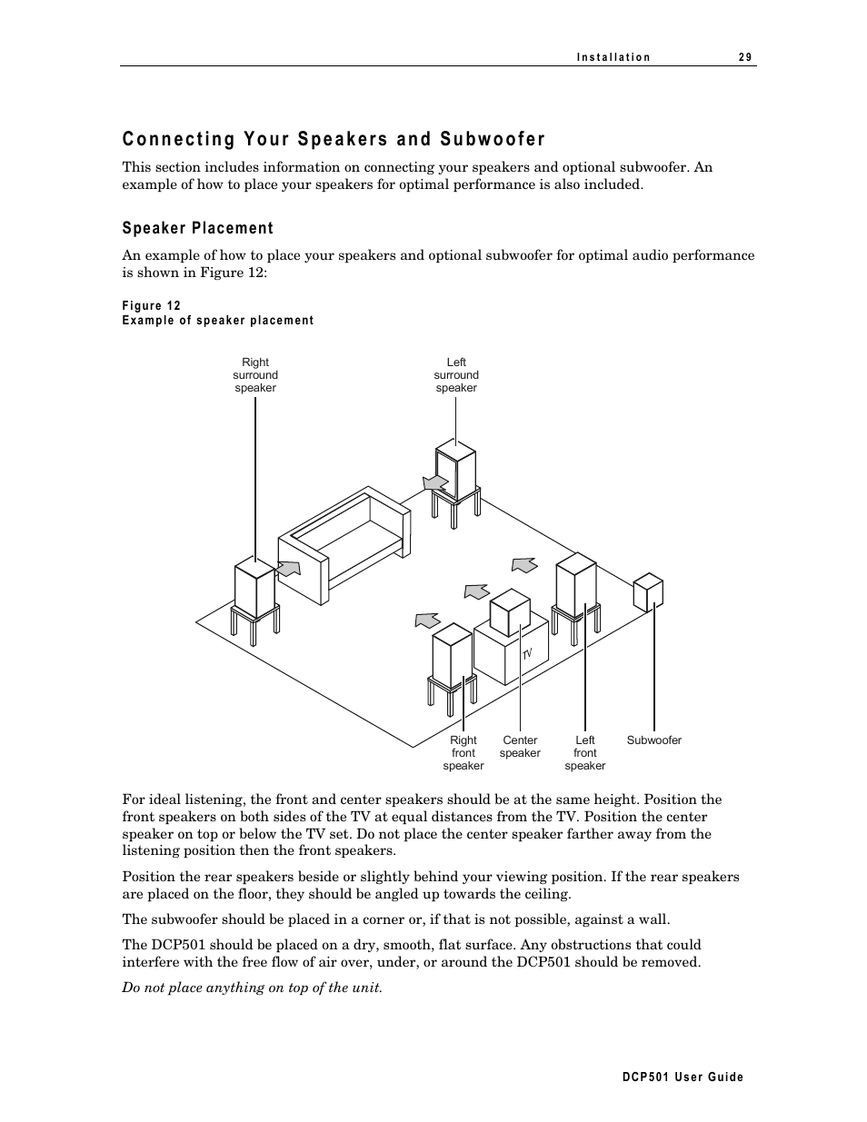 Connecting your speakers and subwoofer, Speaker placement | Motorola DCP 501 User Manual | Page 39 / 141