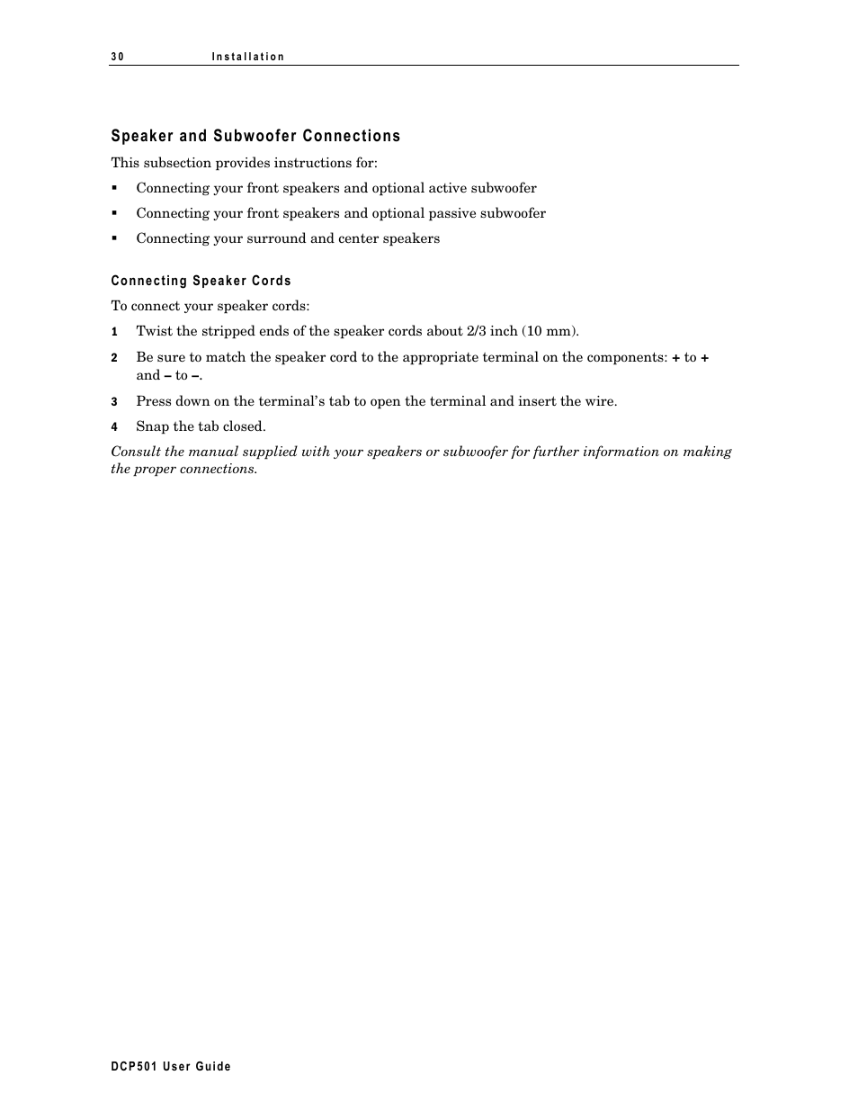 Speaker and subwoofer connections, Connecting speaker cords | Motorola DCP 501 User Manual | Page 40 / 141