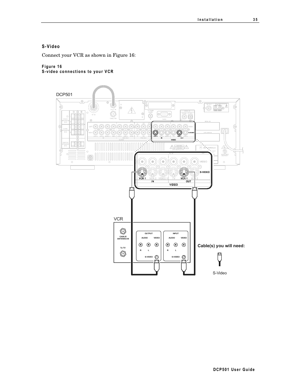 S˚video, S-video connect your vcr as shown in figure 16, Dc p5 01 us er guide | Figure 16 s-vid eo conn ec tions to you r v cr, Dcp501 vcr cable(s) you will need | Motorola DCP 501 User Manual | Page 45 / 141