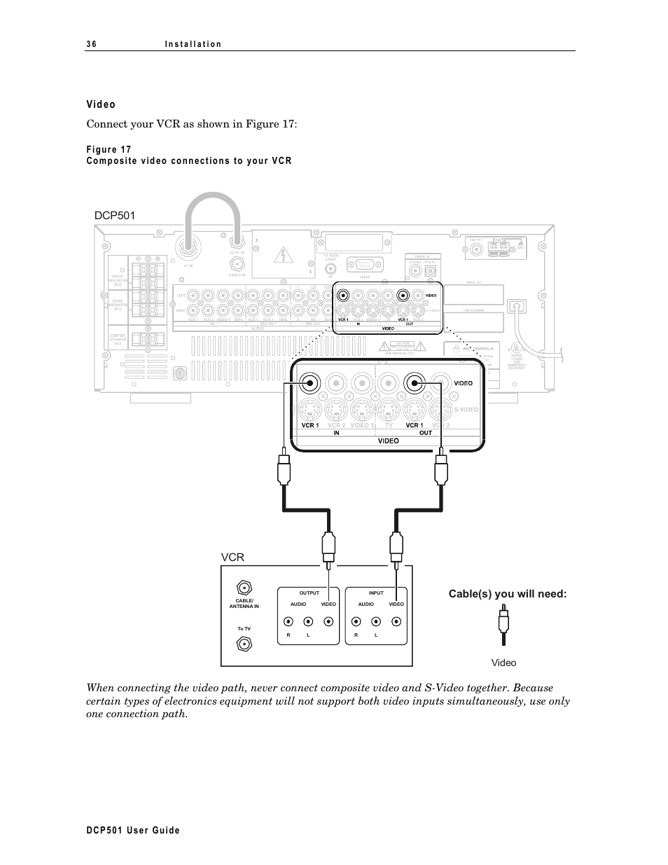 Video, Video connect your vcr as shown in figure 17, Dcp501 | Dc p5 01 us er guide | Motorola DCP 501 User Manual | Page 46 / 141