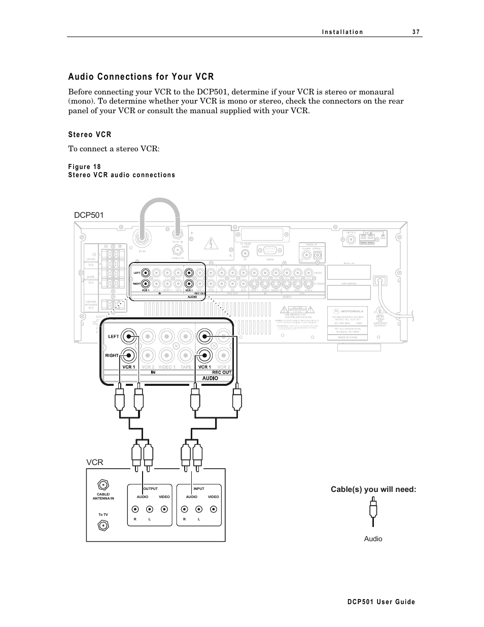 Audio connections for your vcr, Stereo vcr, Vcr dcp501 | Cable(s) you will need, Dc p5 01 us er guide, Audio | Motorola DCP 501 User Manual | Page 47 / 141