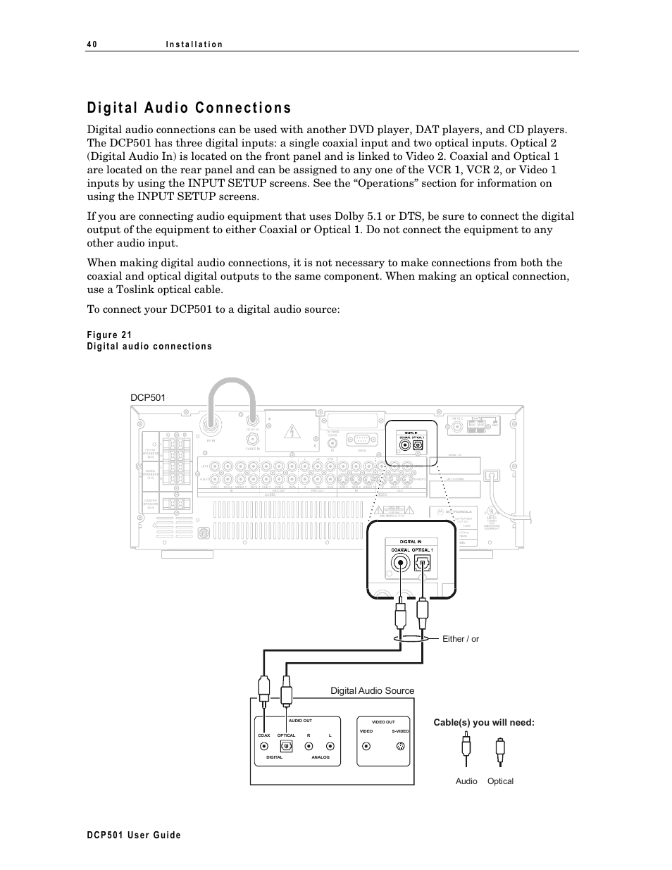 Digital audio connections, Dc p5 01 us er guide, Figure 21 dig ital aud io conn ec tion s | Motorola DCP 501 User Manual | Page 50 / 141