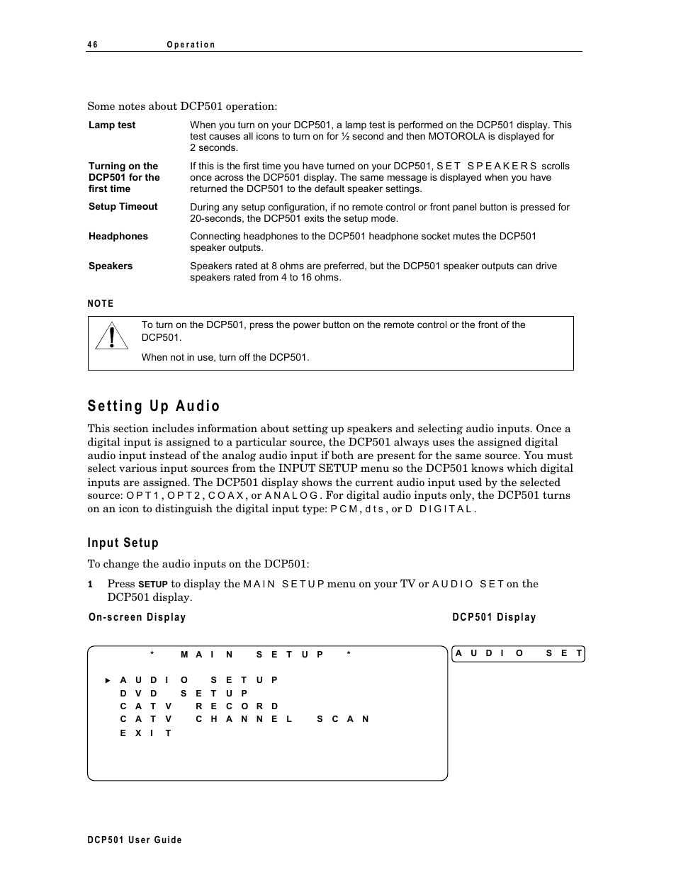 Setting up audio, Input setup | Motorola DCP 501 User Manual | Page 56 / 141