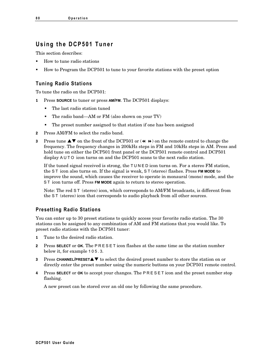 Using the dcp501 tuner, Tuning radio stations, Presetting radio stations | Motorola DCP 501 User Manual | Page 90 / 141