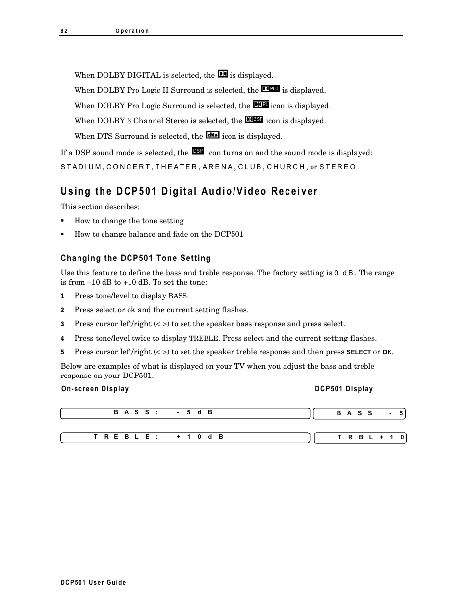 Using the dcp501 digital audio/video receiver, Changing the dcp501 tone setting, Changing balance and fade on the dcp501 | Motorola DCP 501 User Manual | Page 92 / 141