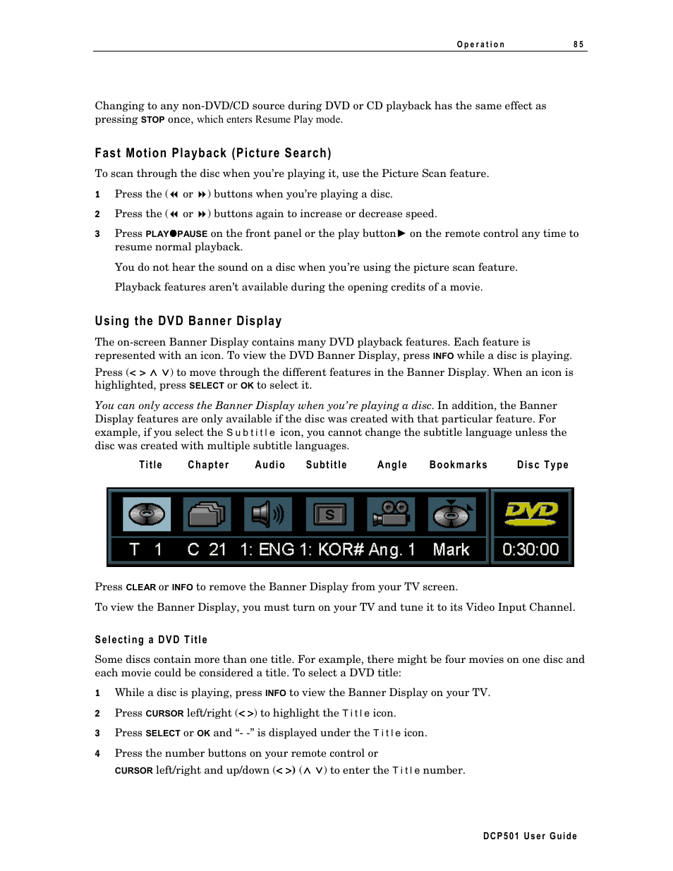 Fast motion playback (picture search), Using the dvd banner display, Selecting a dvd title | Motorola DCP 501 User Manual | Page 95 / 141