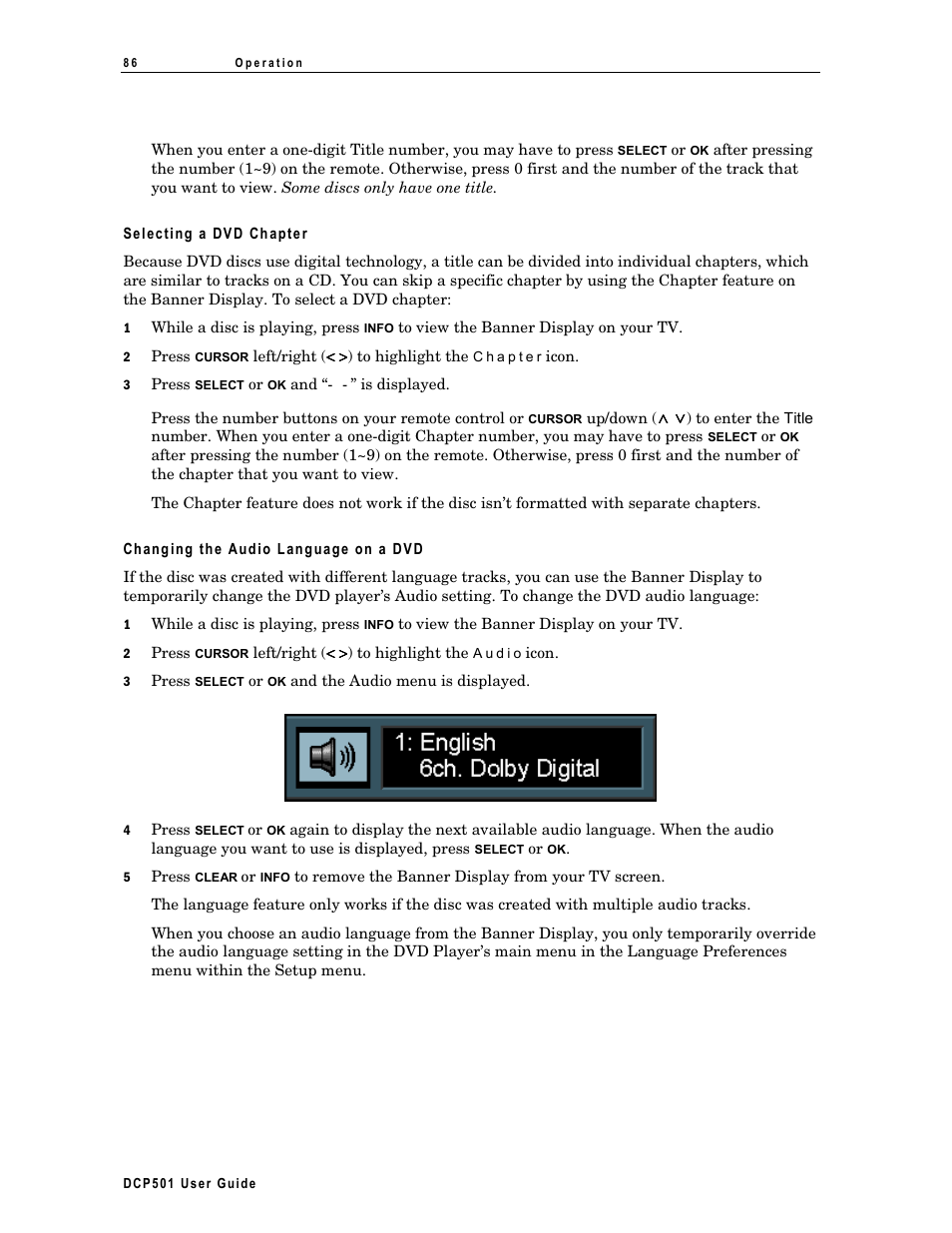 Selecting a dvd chapter, Changing the audio language on a dvd | Motorola DCP 501 User Manual | Page 96 / 141