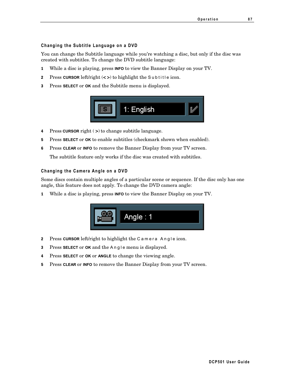 Changing the subtitle language on a dvd, Changing the camera angle on a dvd | Motorola DCP 501 User Manual | Page 97 / 141