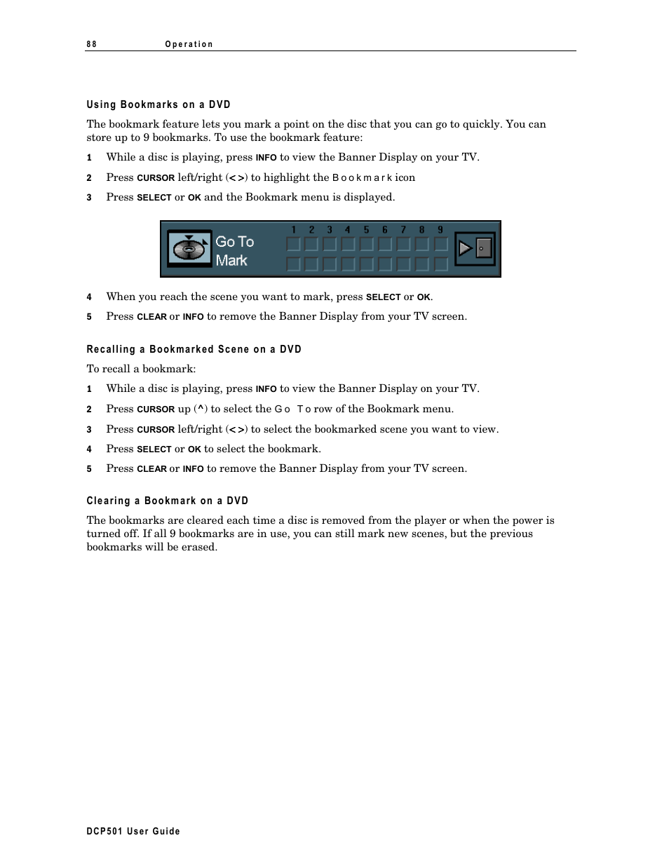 Using bookmarks on a dvd, Recalling a bookmarked scene on a dvd, Clearing a bookmark on a dvd | Motorola DCP 501 User Manual | Page 98 / 141