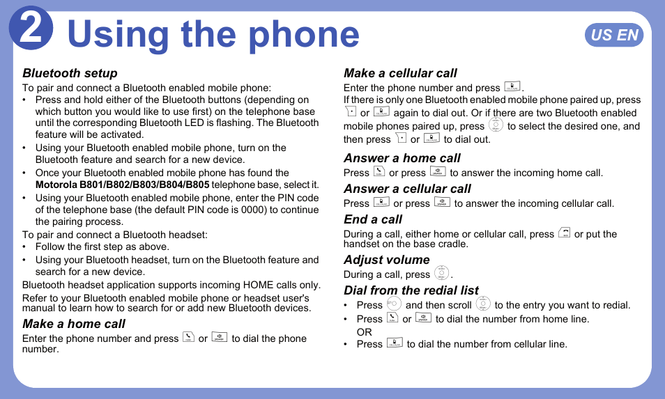 Using the phone | Motorola B802 User Manual | Page 5 / 8