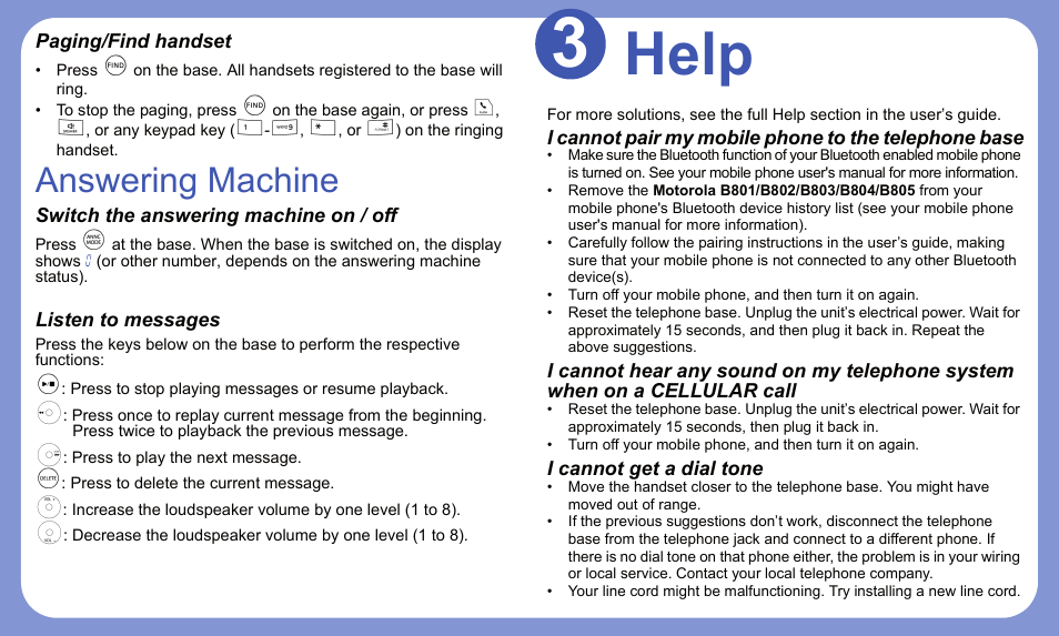 Answering machine, Help | Motorola B802 User Manual | Page 7 / 8