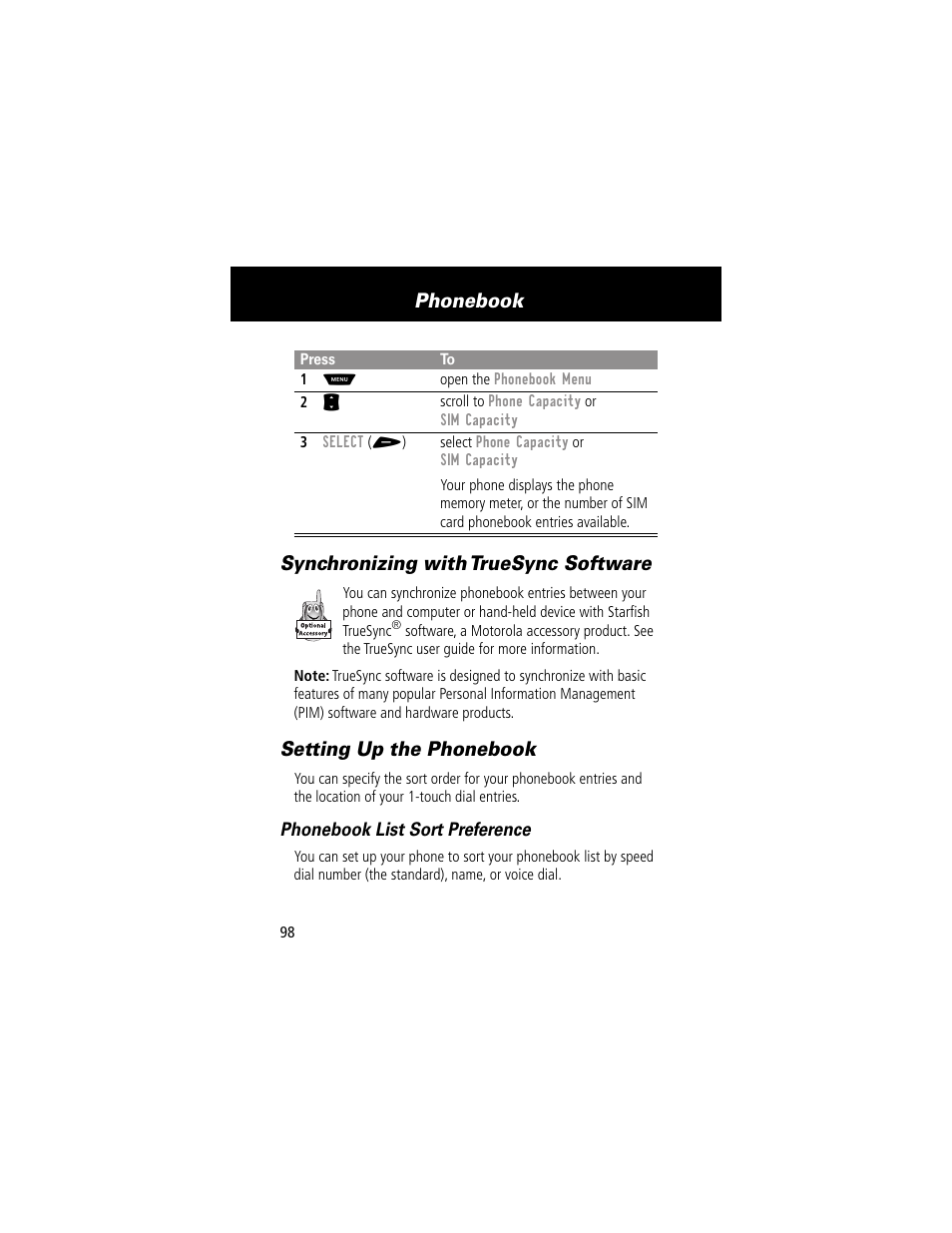 Synchronizing with truesync software, Setting up the phonebook, Phonebook | Motorola 60g User Manual | Page 100 / 222