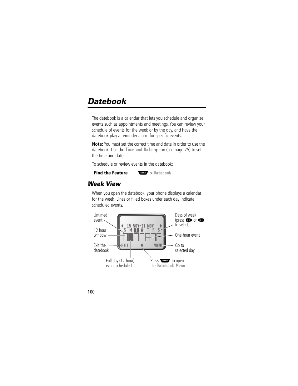 Datebook, Week view | Motorola 60g User Manual | Page 102 / 222