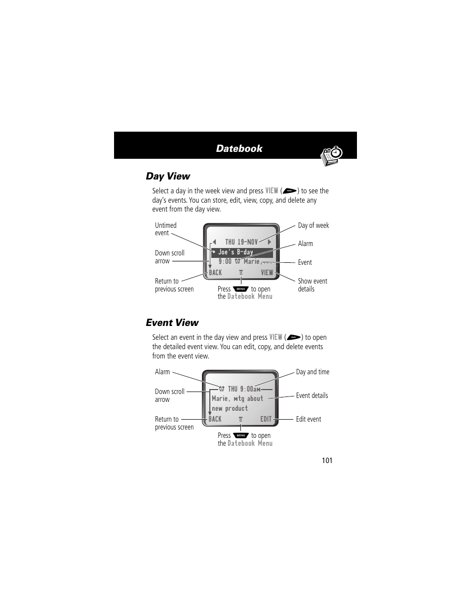 Day view, Event view, Day view event view | Datebook day view | Motorola 60g User Manual | Page 103 / 222
