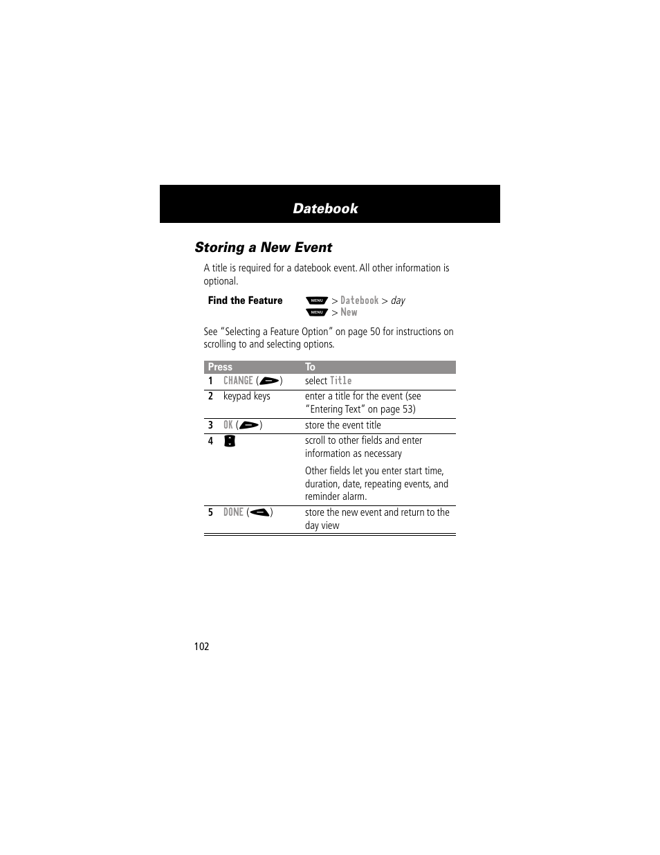 Storing a new event, Datebook | Motorola 60g User Manual | Page 104 / 222