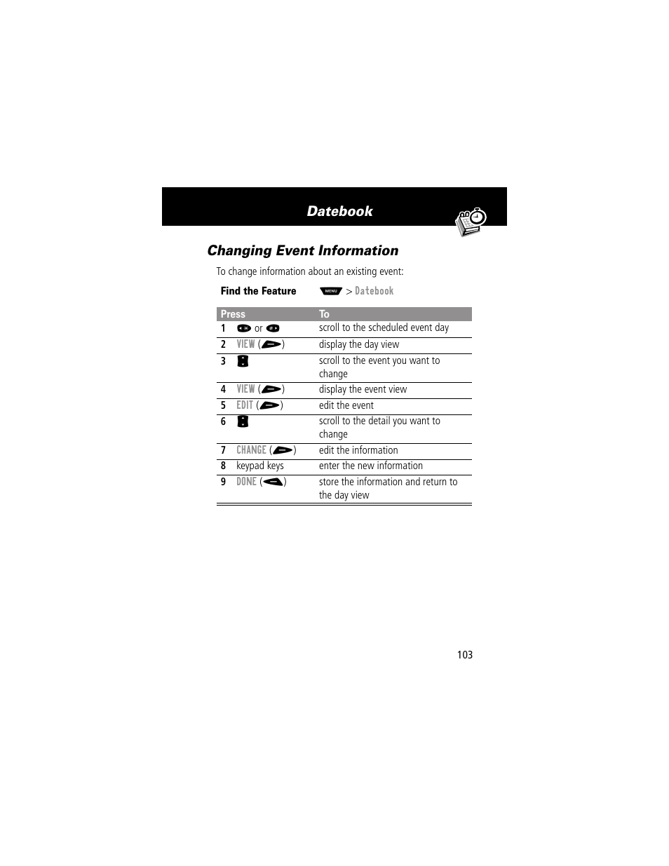 Changing event information, Datebook changing event information | Motorola 60g User Manual | Page 105 / 222