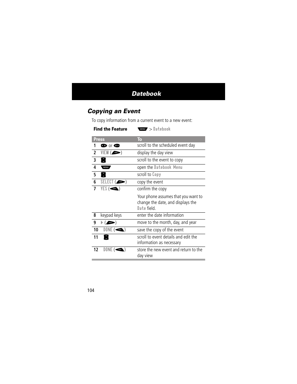 Copying an event, Datebook | Motorola 60g User Manual | Page 106 / 222