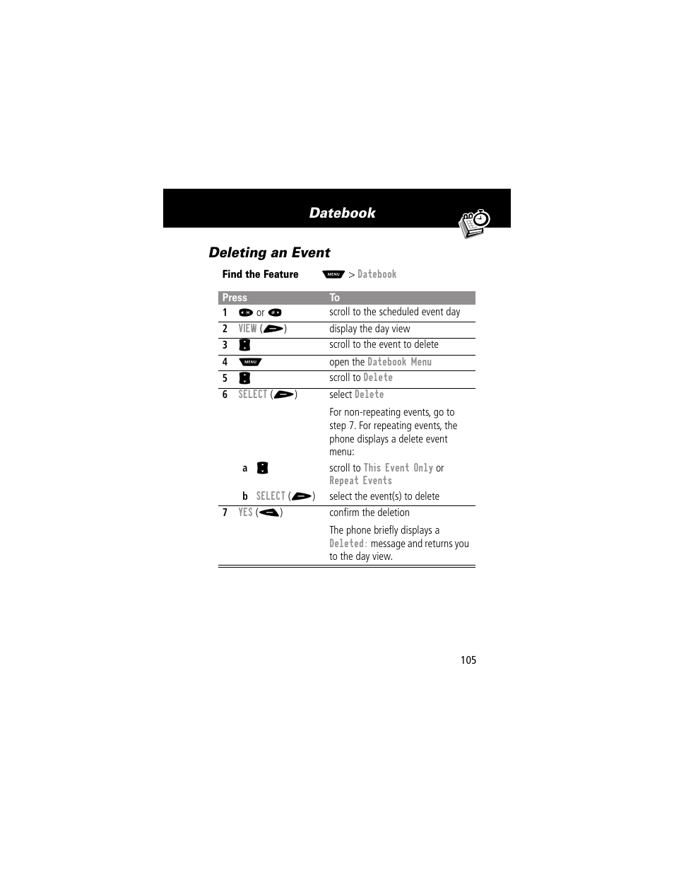 Deleting an event, Datebook deleting an event | Motorola 60g User Manual | Page 107 / 222