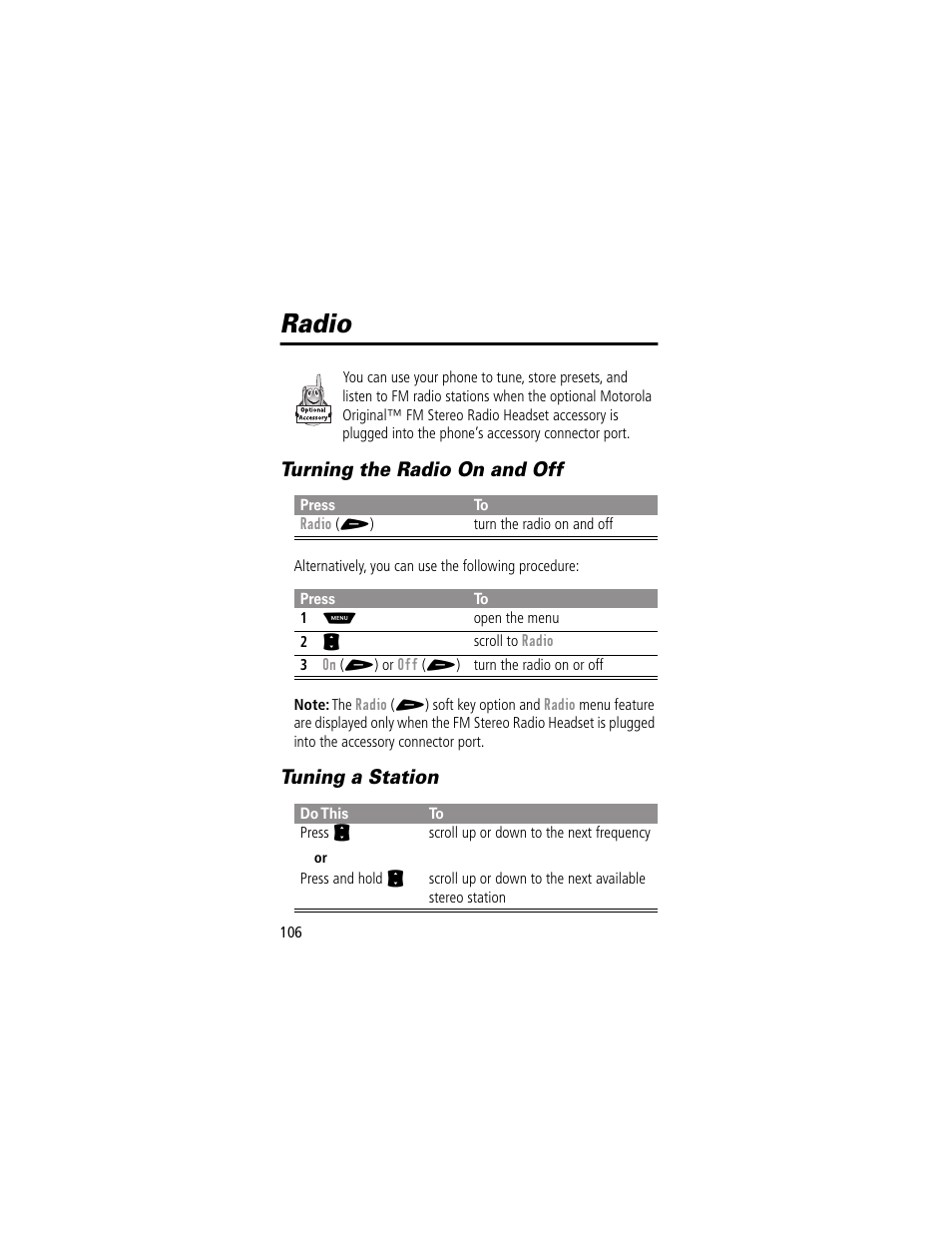 Radio, Turning the radio on and off, Tuning a station | Turning the radio on and off tuning a station | Motorola 60g User Manual | Page 108 / 222